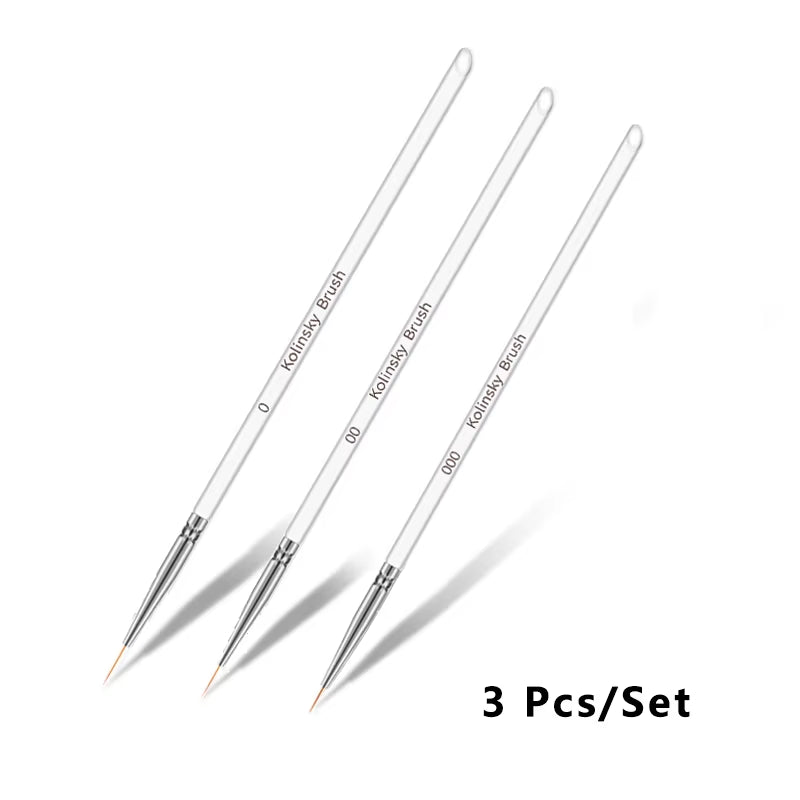 3Pcs/Set Kolinsky Gel Nail Art Line Painting Brushes Crystal Acrylic Thin Liner Drawing Pen Nail Art Manicure Tools Set