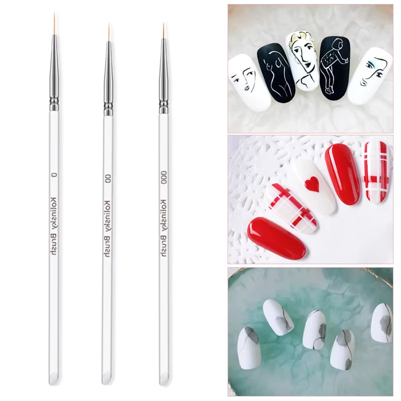 3Pcs/Set Kolinsky Gel Nail Art Line Painting Brushes Crystal Acrylic Thin Liner Drawing Pen Nail Art Manicure Tools Set