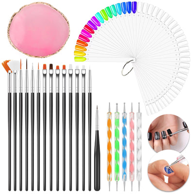 Nail Art Brushes Kit Nail Art Accessories, 15Pcs Acrylic Nail Art Brushs with 5Pcs Nail Dotting Pens, 50Pcs Nail Art Tips Sticks Display, Resin Nail Art Palette(Pink) for Nail Art Decoration