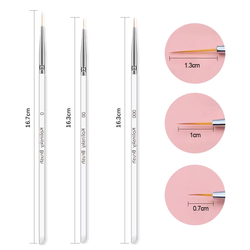 3Pcs/Set Kolinsky Gel Nail Art Line Painting Brushes Crystal Acrylic Thin Liner Drawing Pen Nail Art Manicure Tools Set