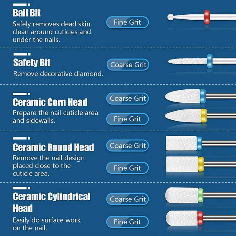 Advanced 19Pcs 3/32 Inch Electric Nail Drill Bits Sets, Diamond & Ceramic Cuticle Bits for Acrylic Gel Nails