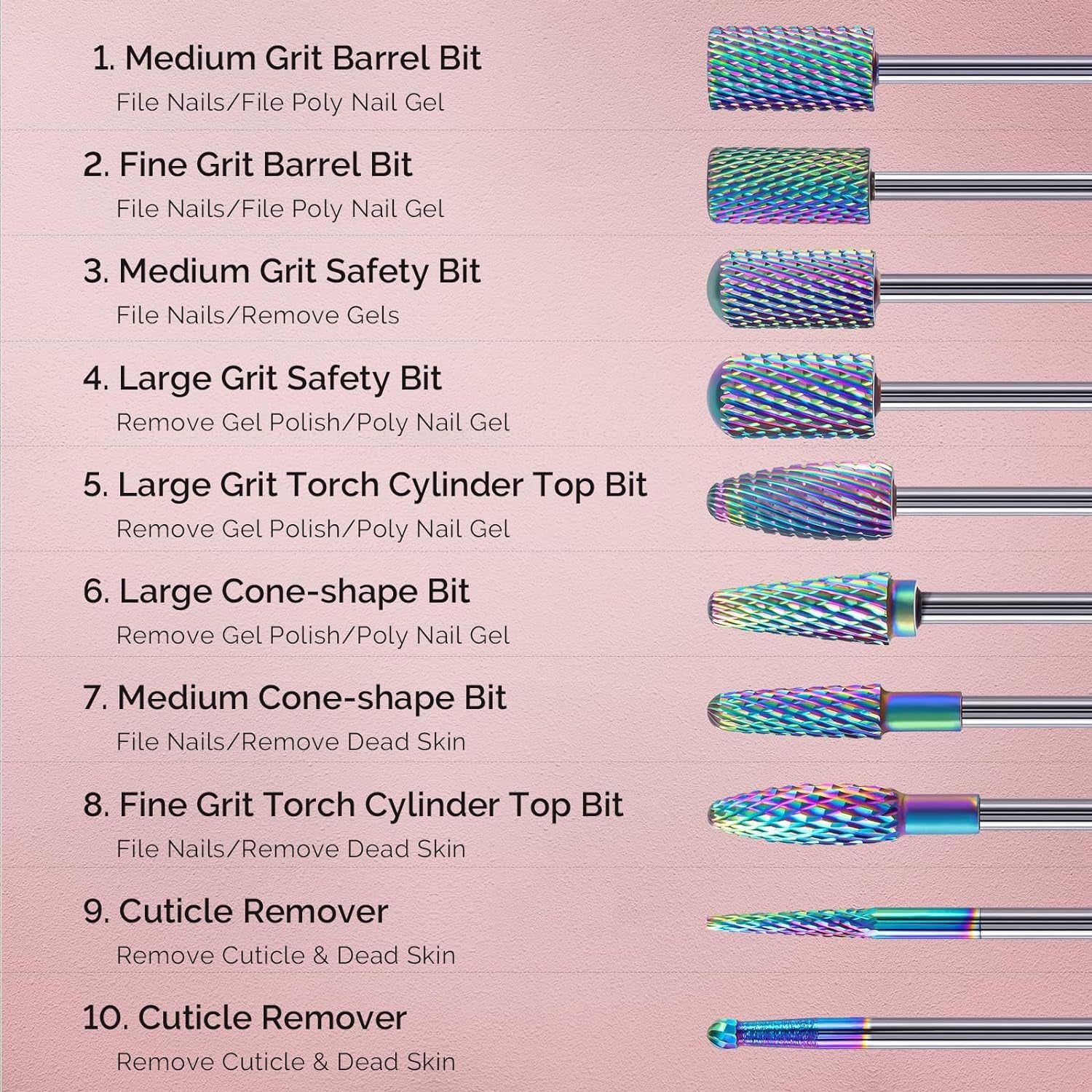 Nail Drill Bits Set, 10Pcs Tungsten Carbide Nail Bits for Nail Drill E-File, 3/32 Inch Bits Manicure Pedicure Remover Tools for Acrylic Gel Nails, Salon Home Nail Care Supplies, Colorful