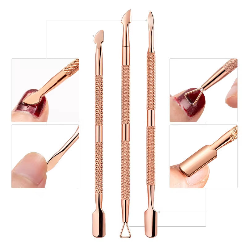 3 Style Stainless Steel Nail Cuticle Pusher Nail Art Files Gel Polish Remove Manicure Care Groove Clean Tools