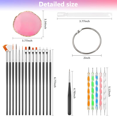 Nail Art Brushes Kit Nail Art Accessories, 15Pcs Acrylic Nail Art Brushs with 5Pcs Nail Dotting Pens, 50Pcs Nail Art Tips Sticks Display, Resin Nail Art Palette(Pink) for Nail Art Decoration