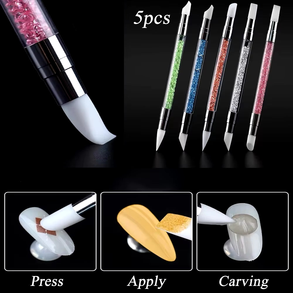 5Pcs/Set Nail Art Pen Dual-Ended Silicone Flower Sculpture Pen Acrylic Adjustable Glue Handle Embossing Pen Dotting Brush Tools