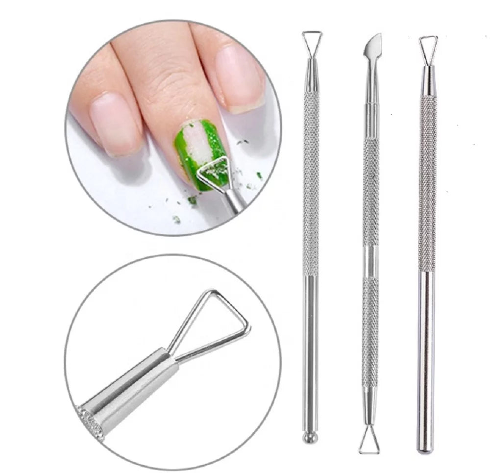 3-Piece Stainless Steel Cuticle Pusher and Nail Cleaner Set – Professional Manicure & Pedicure Tools for Precise Cuticle Care