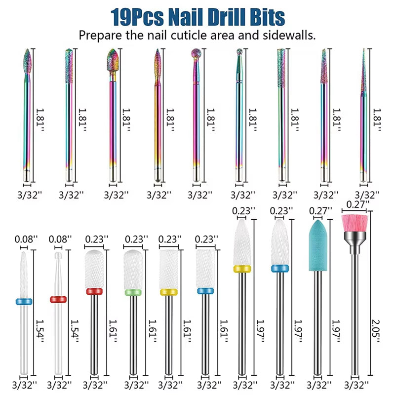 Advanced 19Pcs 3/32 Inch Electric Nail Drill Bits Sets, Diamond & Ceramic Cuticle Bits for Acrylic Gel Nails