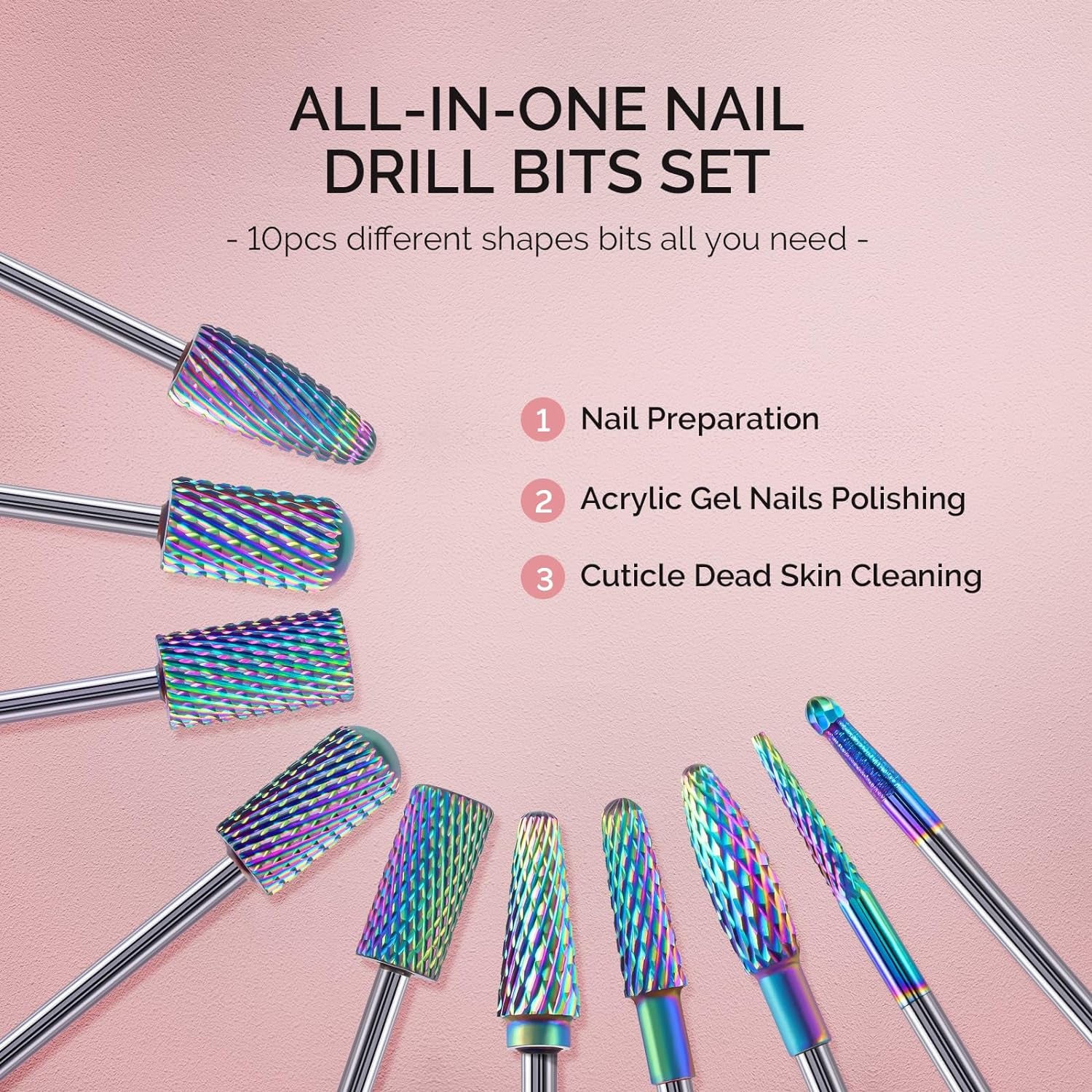 Nail Drill Bits Set, 10Pcs Tungsten Carbide Nail Bits for Nail Drill E-File, 3/32 Inch Bits Manicure Pedicure Remover Tools for Acrylic Gel Nails, Salon Home Nail Care Supplies, Colorful